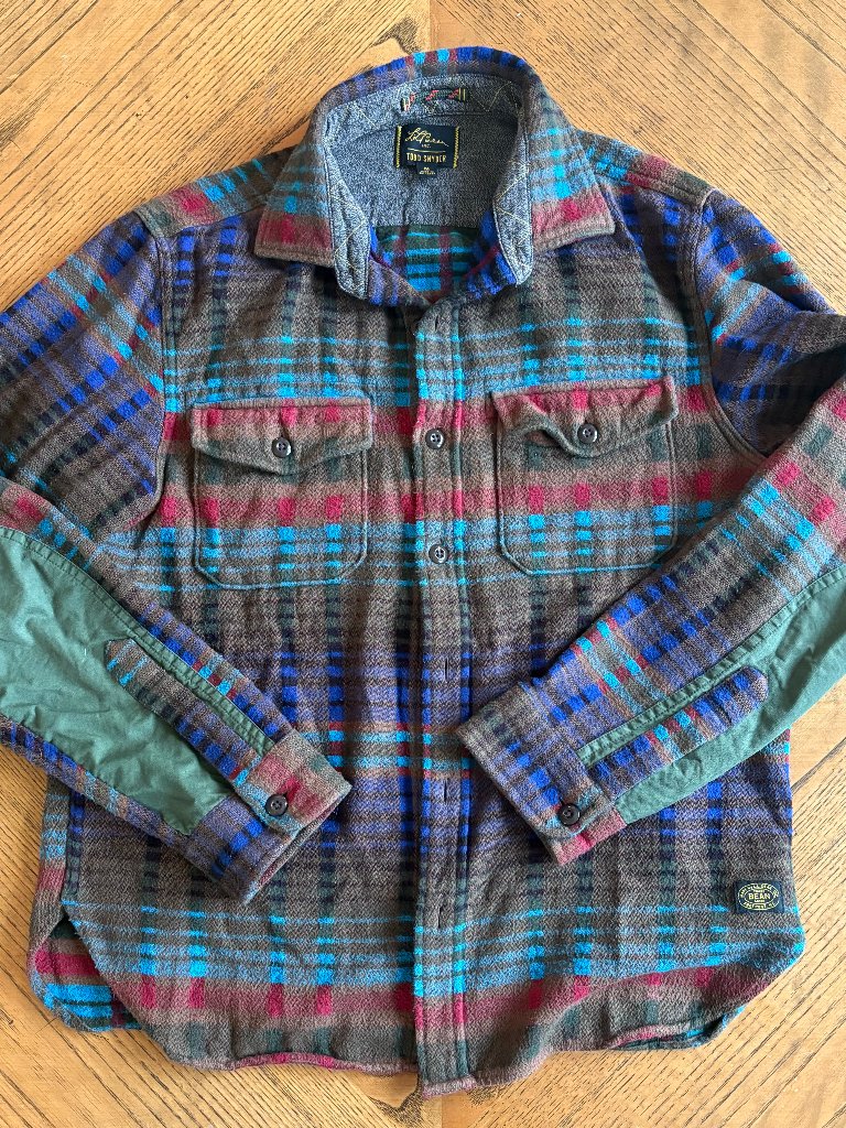 L.L. Bean X Todd Snyder Plaid Flannel Shacket Men's Medium With Green Elbow Patc